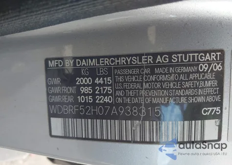 2007 Mercedes-Benz C 230 Sport z USA, uszkodzony, nr VIN WDBRF52H07A938315